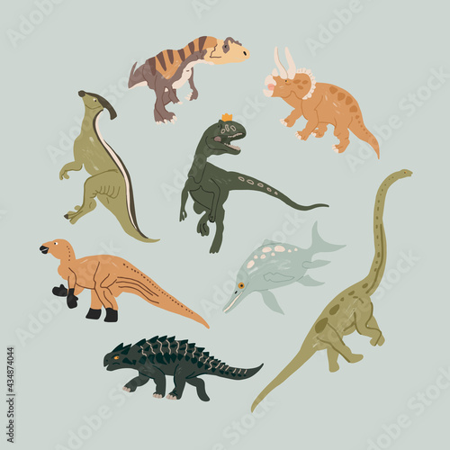 Set of funny vector flat dinosaurs in cartoon style. Illustration for children s encyclopedias and materials about dinosaurs. Ancient animals. Round concept with dinosaurs on a blue background.