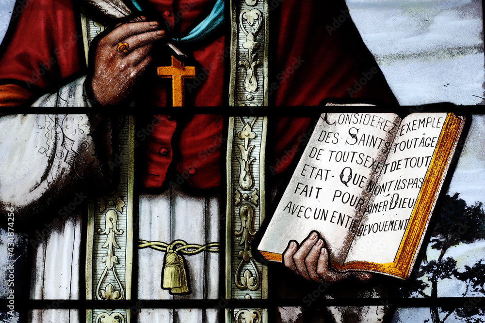 Obraz premium Stained glass window. Francis de Sales (French: Franois de Sales; 21 August 1567 Ð 28 December 1622) was a Bishop of Geneva and is honored as a saint in the Catholic Church. Groisy. France.