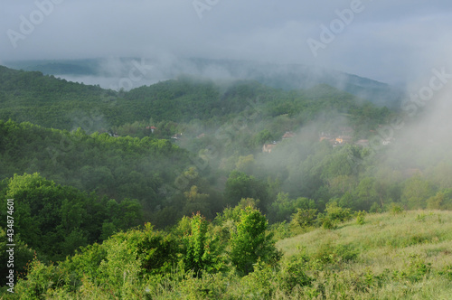 Misty landscape in the mountain village