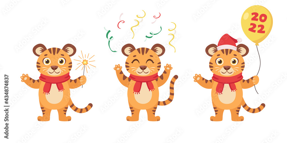 Fototapeta premium Set of cute tigers. Year of the Tiger. Merry Christmas and Happy New Year 2022. Vector illustration