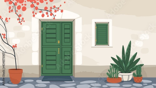 House exterior with front door and window with closed shutters. Home wall with doorway, mat, and potted plants. Dwelling building facade. Colored flat vector illustration of entrance