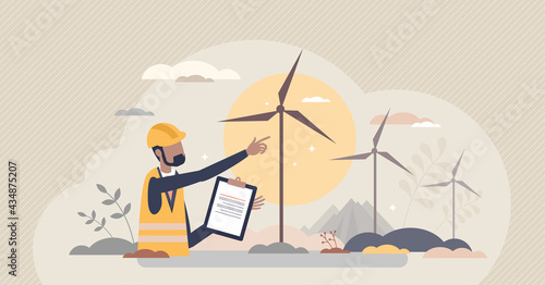Environmental engineering as work with alternative energy tiny person concept. Wind turbine maintenance and set up occupation as sustainable and green electricity development job vector illustration.