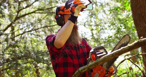 Portrait of a lumberjack logger worker in protective gear cutting firewood timber tree in forest with chainsaw
