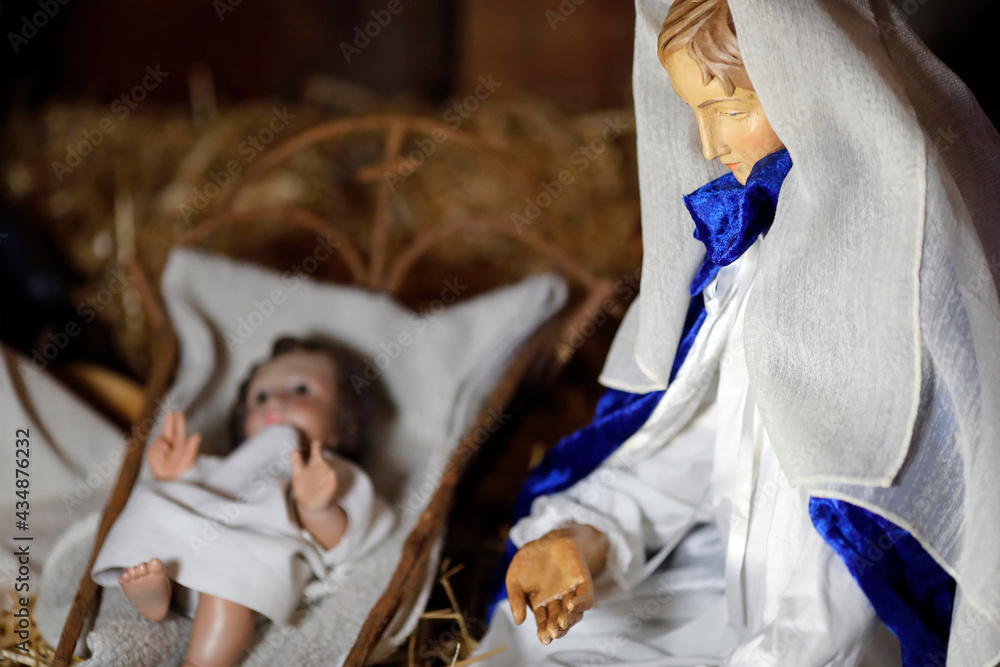 Nativity scene. Christmas crib. Holy family with baby Jesus. Catholic church. France. Nativity scene. Christmas crib. Holy family with baby Jesus. Catholic church. France.
