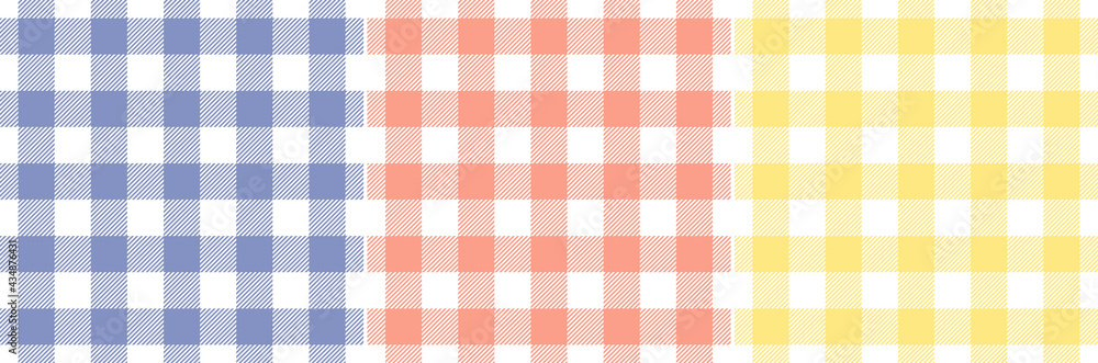 Gingham pattern set in blue purple, coral pink, yellow, white. Spring summer textured seamless vichy graphics for tablecloth, picnic blanket, oilcloth, other modern fashion fabric or paper print.