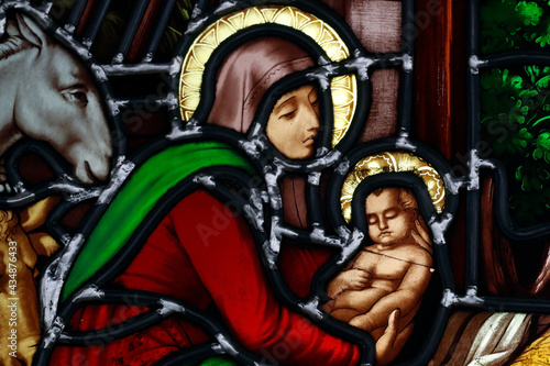 Notre Dame ( our Lady ) d'Aix les Bains church. Stained glass window. Virgin Mary and baby Jesus. Aix les Bains. France.