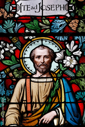 Notre Dame ( our Lady ) d'Aix les Bains church.  Stained glass window. Saint Joseph.  Aix les Bains. France.
