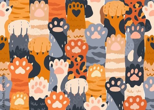 Seamless pattern with cute cat paws raised up together. Repeating background with kitties' hands. Feline animals crowd. Colored flat vector illustration of endless texture for printing and decoration