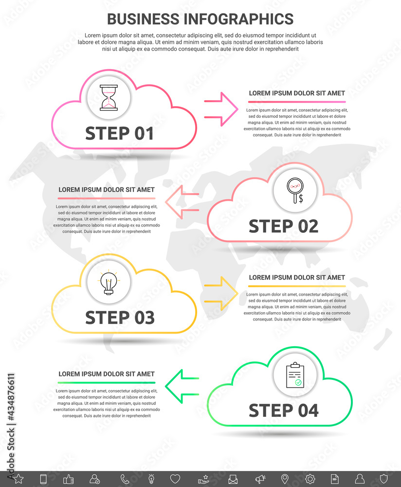 Infographic clouds with arrows. Vector line business concept of 4 steps, icons. Template with four ways for diagram, web, banner, presentations, flowchart, levels, chart Infographic clouds with arrows. Vector line business concept of 4 steps, icons. Template with four ways for diagram, web, banner, presentations, flowchart, levels, chart