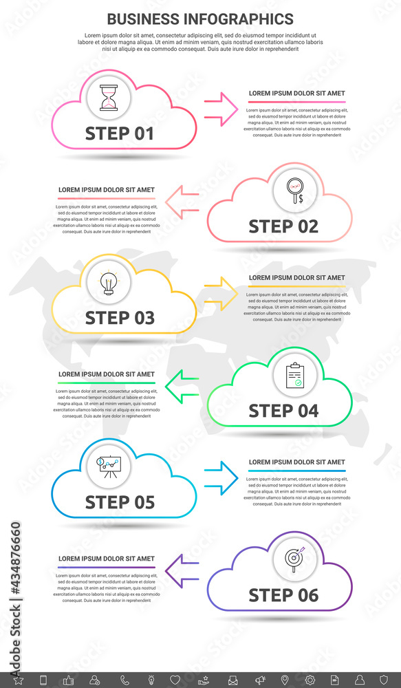 Infographic clouds with arrows. Vector line business concept of 6 steps, icons. Template with six ways for diagram, web, banner, presentations, flowchart, content, levels, chart Infographic clouds with arrows. Vector line business concept of 6 steps, icons. Template with six ways for diagram, web, banner, presentations, flowchart, content, levels, chart