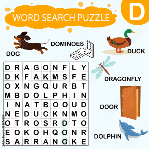 Vector educational game for kids. A puzzle for finding words starting with the letter D