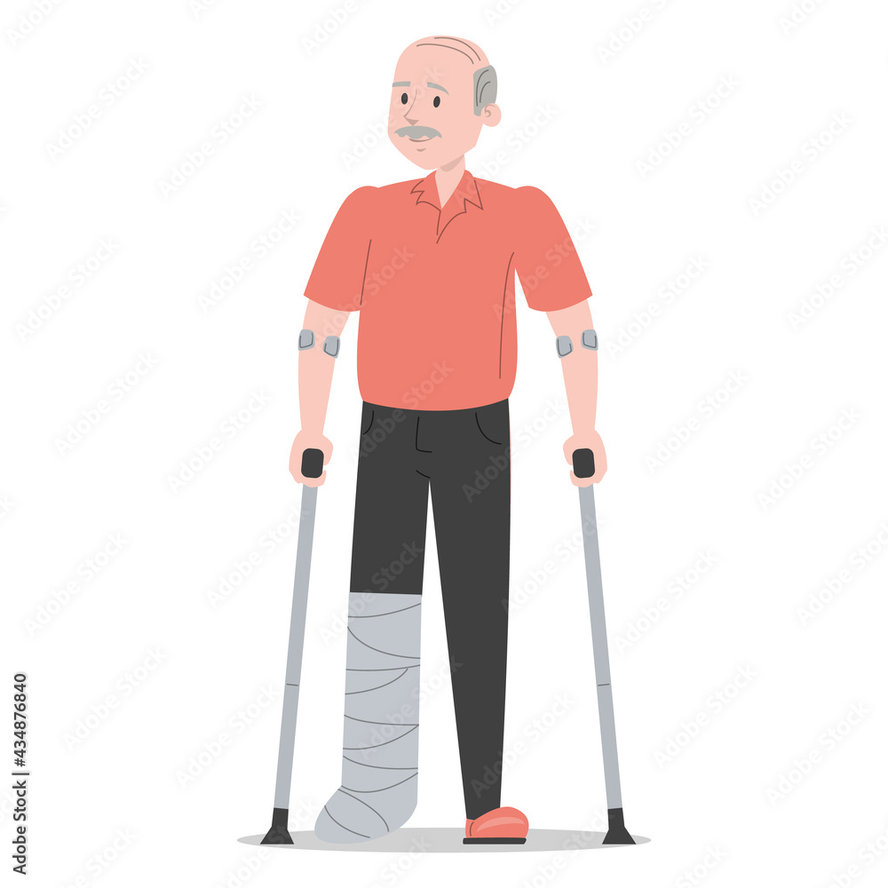 Old man on crutches with a broken leg in gypsum vector isolated. Injured male character. Disabled senior person standing. Old man on crutches with a broken leg in gypsum vector isolated. Injured male character. Disabled senior person standing.