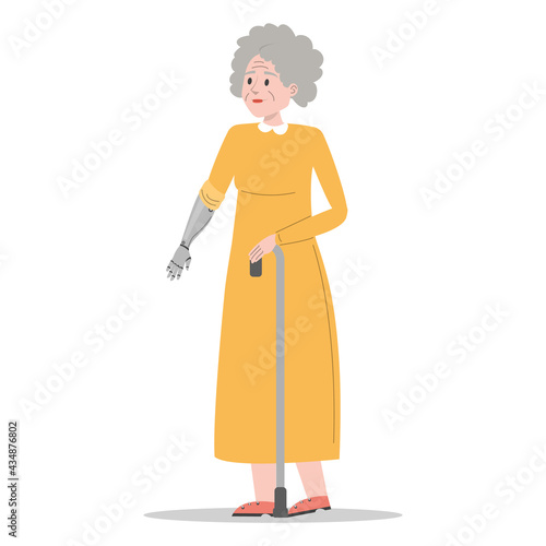 Old woman with prosthetic arm vector isolated. Bionic limb, amputee senior female person. Concept of people with disability. Happy elderly person with a stick.