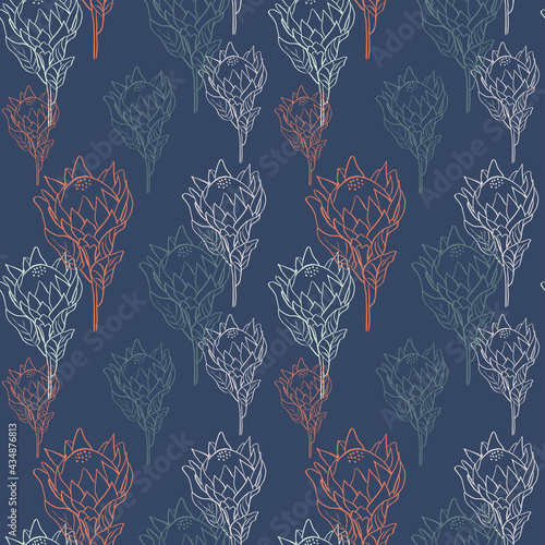 Flower pattern with tropical king proteas in blossom on navy background. Hand drawn line style vector illustration. Vintage seamless pattern in red, green, blue and beige colours.