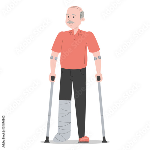 Old man on crutches with a broken leg in gypsum vector isolated. Injured male character. Disabled senior person standing.