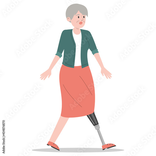 Happy old woman with prosthetic leg walking vector isolated. Illustration of elderly character wearing a prosthesis. Handicapped person, female character with artificial limb.