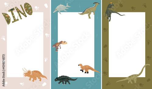 Cute cover designs with dinosaurs in cartoon style for brochures, stories, applications. Vector flat set of cover designs with elements for children. Set of bright backgrounds with place for text.