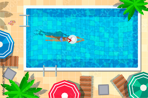 Swimming pool in top view background. Woman swimming, relax, place for summer fun and parties. Sun loungers by pool, umbrellas, beach objects. Vector illustration.
