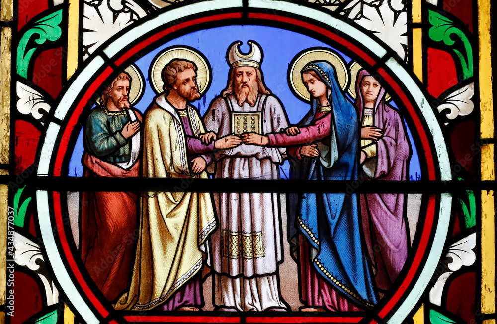 Sacre Coeur ( sacred heart ) de Castellane church.  Stained glass window.  The Marriage of the Virgin and Joseph. Castellane. France.