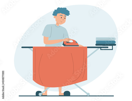 Man ironing clean clothes vector isolated. Illustration of adult male character doing domestic routine. Male character holding iron.