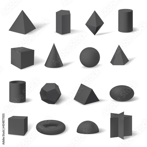 3d black geometric figure shapes set. Cube, square, cone, pyramid, prism, cylinder, hexagon, star, trapezoid, torus vector illustration. Math geometry objects on white background