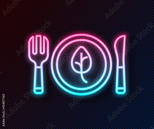 Glowing neon line Vegan food diet icon isolated Glowing neon line background. Organic, bio, eco symbol. Vegan, no meat, lactose free, healthy, fresh and nonviolent food. Vector