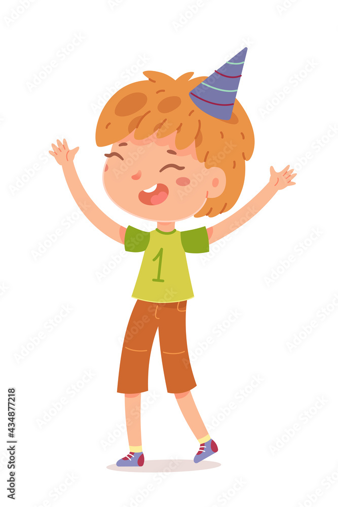 Happy birthday, boy celebrating at party. Cute child in cap having fun vector illustration. Little kid smiling and standing with arms up, laughing isolated on white background