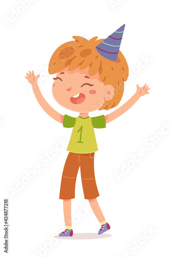 Happy birthday, boy celebrating at party. Cute child in cap having fun vector illustration. Little kid smiling and standing with arms up, laughing isolated on white background
