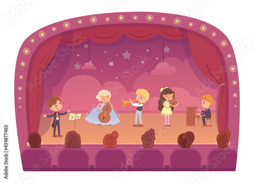 Kid musicians playing music on stage. Little girls and boys with piano, violin, trumpet, cello, conducting orchestra vector illustration. Children with instruments performing in front of audience