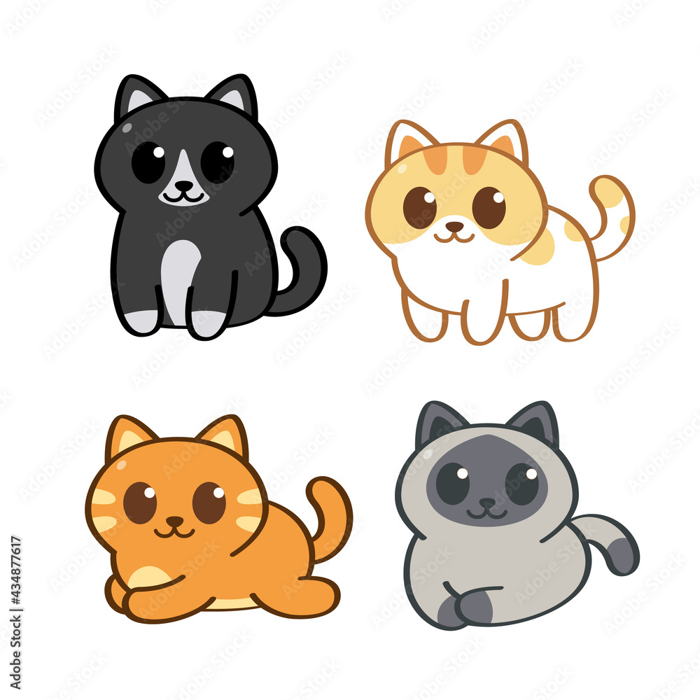 Cute cats in doodle line art style sit stand and lay down on the white background. Cute cats in doodle line art style sit stand and lay down on the white background.