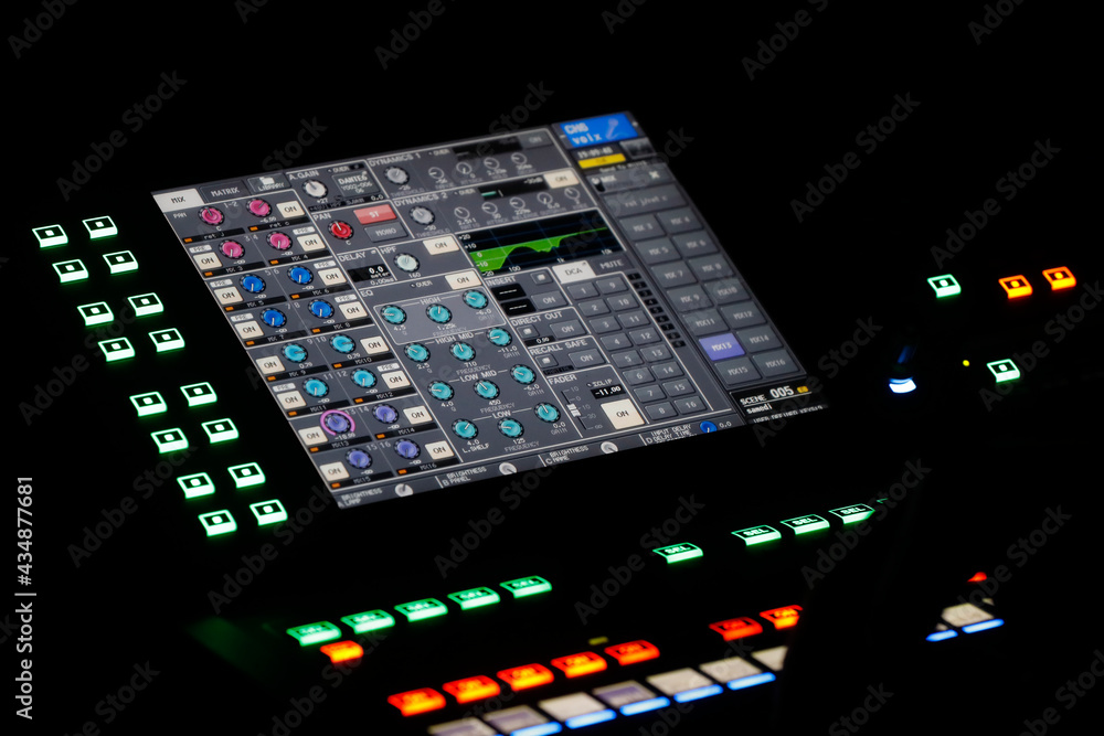 Festival Mont-Blanc d'humour 2020. Close-up of digital sound mixer.