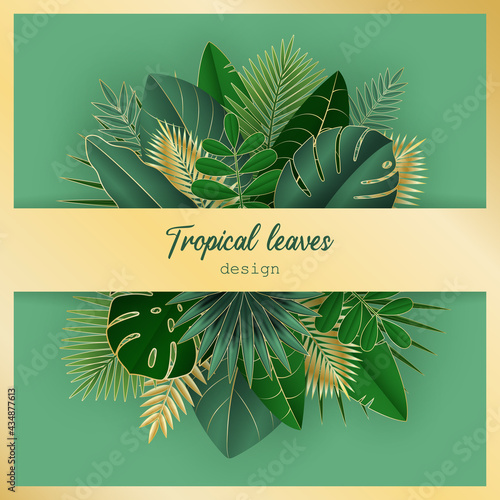 Green and gold tropical leaves summer abstract background