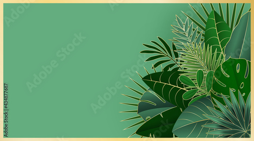 Green and gold tropical leaves summer abstract background