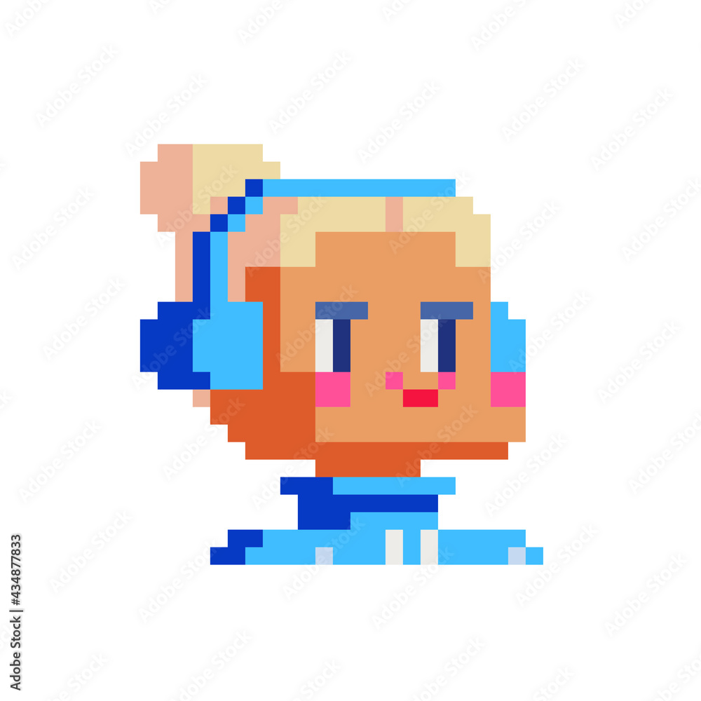 Young girl blonde in a hat character. Female avatar, portrait, profile picture. Design of 80s. Pixel art. Flat style. Game assets. 8-bit. Isolated vector illustration. Young girl blonde in a hat character. Female avatar, portrait, profile picture. Design of 80s. Pixel art. Flat style. Game assets. 8-bit. Isolated vector illustration.