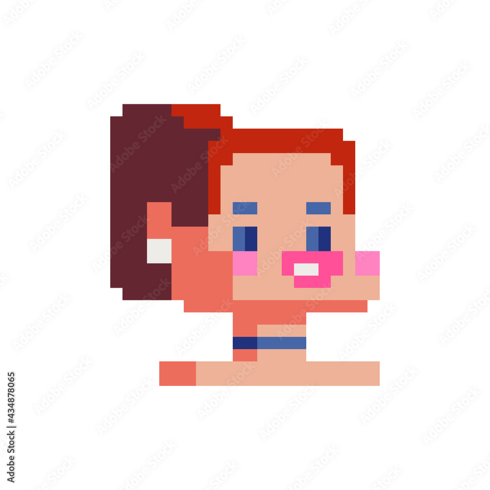 Pixel art girl character. Flat style. Female avatar profile picture. Knitting design. 8-bit. Isolated vector illustration. Pixel art girl character. Flat style. Female avatar profile picture. Knitting design. 8-bit. Isolated vector illustration.