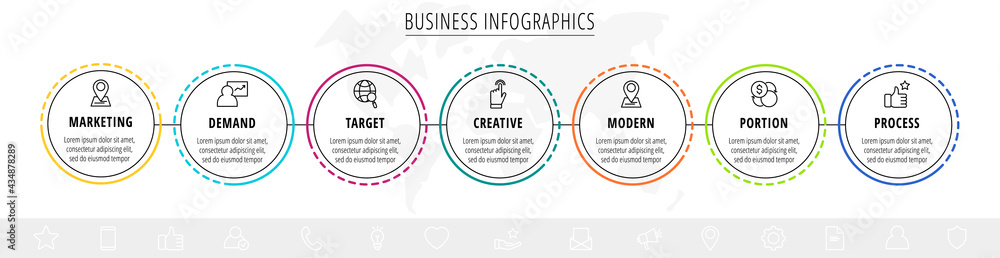 Vector infographics seven circles with arrows. Line business concept of 7 steps, options. Infographic template for diagram, web, banner, presentations, flowchart, content, levels, chart Vector infographics seven circles with arrows. Line business concept of 7 steps, options. Infographic template for diagram, web, banner, presentations, flowchart, content, levels, chart