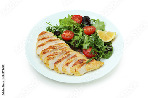 Salad with grilled chicken isolated on white background