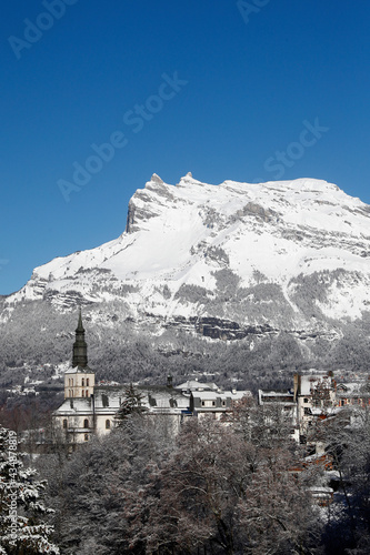 French Alps in winter. Saint Gervais Mont-Blanc village. Famous ski station. French Alps in winter. Saint Gervais Mont-Blanc village. Famous ski station. Saint-Gervais. France.