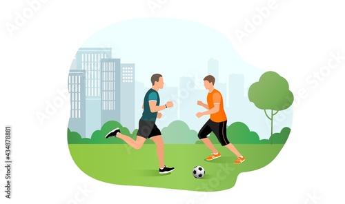 People play football in a city park. Active games and sports in urban environments. Vector illustration