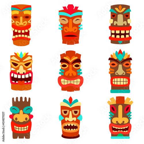 Set of tiki statues in cartoon style. Design element for logo, label, sign, emblem. Vector illustration
