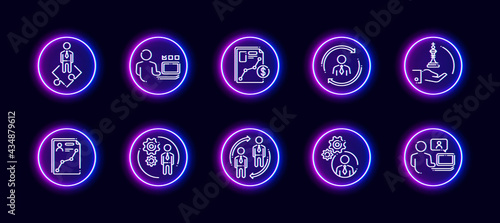 10 in 1 vector icons set related to business company management theme. Lineart vector icons in neon glow style