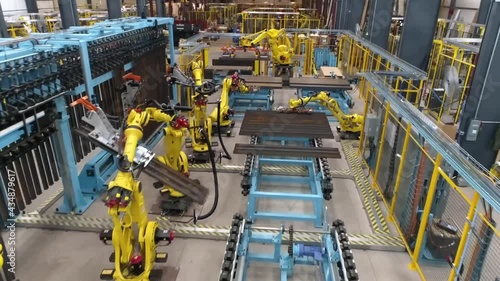 Robotic Equipment. Automated Machine. Industrial Factory machinery. Robotic equipment modern factory floor. Industrial factory indoors and machinery.