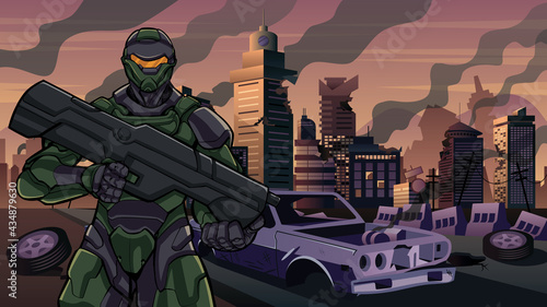 Futuristic Soldier in City in Ruins