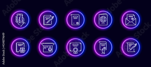 10 in 1 vector icons set related to legal document theme. Lineart vector icons in neon glow style