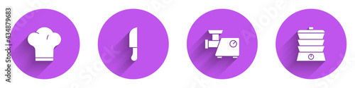 Set Chef hat, Knife, Kitchen meat grinder and Slow cooker icon with long shadow. Vector