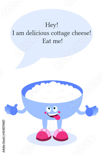 Cartoon cottage cheese. Curd cheese with face, arms and legs. Food is like a smiley for children.