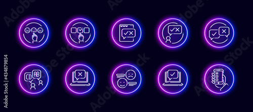 10 in 1 vector icons set related to business survey theme. Lineart vector icons in neon glow style