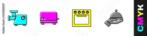 Set Kitchen meat grinder, Toaster, Oven and Covered with tray icon. Vector