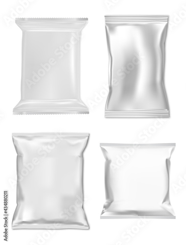 Snack bag mockup. Foil sachet, zipper pouch sample. Cosmetic pilow wrap, 3d vector packet, silver foil template. Supermarket product bag, candy, salt, paper, seasoning