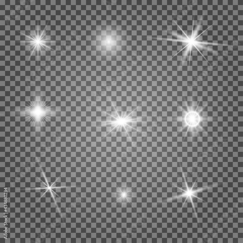 Camera light. Star twinkle vector glow, sparkle highlight. Flashlight accent isolated on transparent background. Glint effect, bright christmas glitter. Fun magic explosion pack